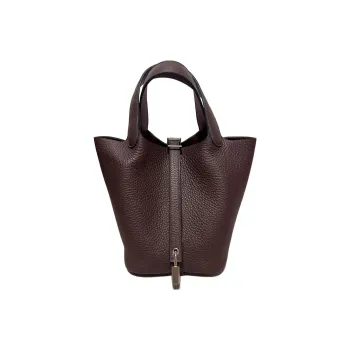 HERMES Picotin Taurillon Clemence Leather Silver Buckle Bucket Bags Handbags 18 Women's Saddle Red/Sea Cucumber Purple