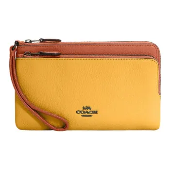 COACH Double Zip Wallet Refined Pebble Leather Wrist Bag Card Holder Wallet Women's Yellow & Sunset Red