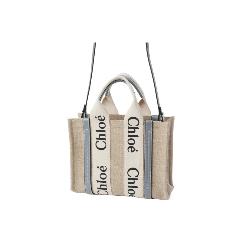 Chloe Woody Cow Leather Tote Bag, Shopping Bag, Handbag, Shoulder Bag, Crossbody Bag Trumpets Women's Beige/Gray Blue-2