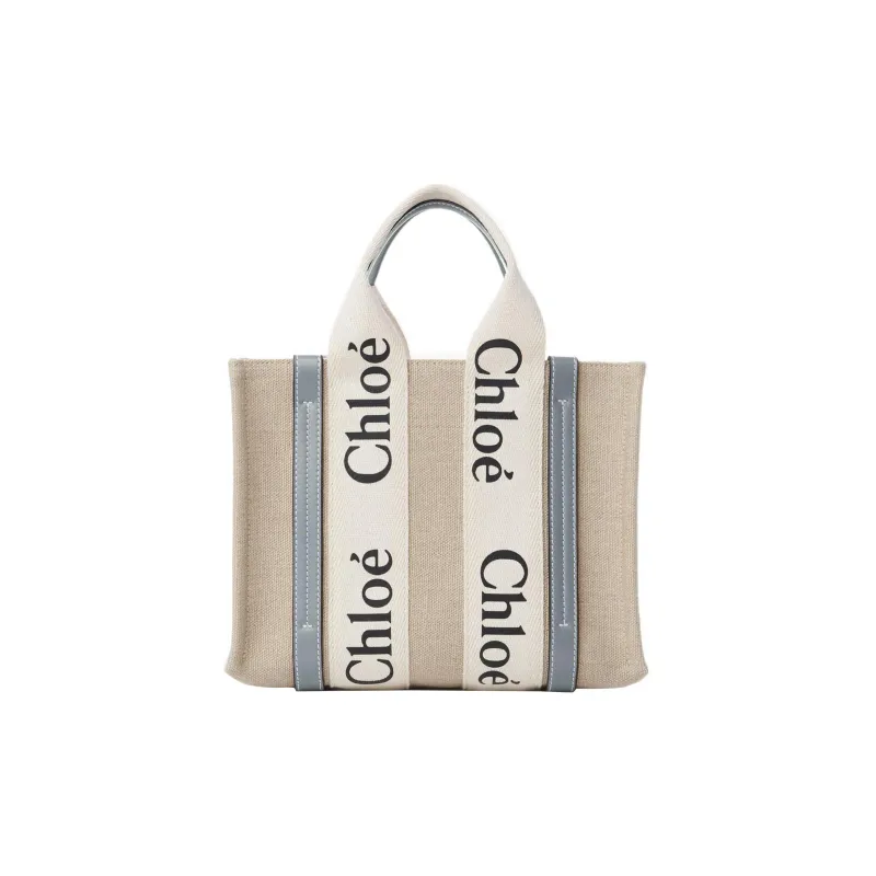 Chloe Woody Cow Leather Tote Bag, Shopping Bag, Handbag, Shoulder Bag, Crossbody Bag Trumpets Women's Beige/Gray Blue-1