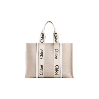 Chloe Woody Cow Leather Tote Bag Shopping Bag Shoulder Bag Handbag Large Size Women's Beige/White