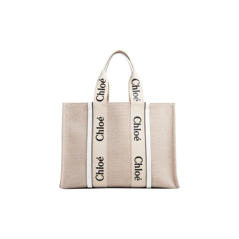 Chloe Woody Cow Leather Tote Bag Shopping Bag Shoulder Bag Handbag Large Size Women's Beige/White-1
