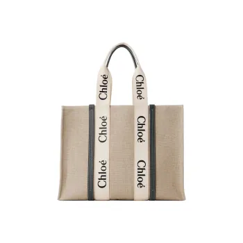 Chloe Woody Canvas With Leather Tote Bag, Shopping Bag, Shoulder Bag, Handbag Large Size Women's Beige/Jasper