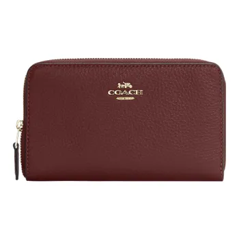 COACH Id Zip Wallet Refined Pebble Leather Clutches Card Holder Wallet Medium Size Women's Burgundy