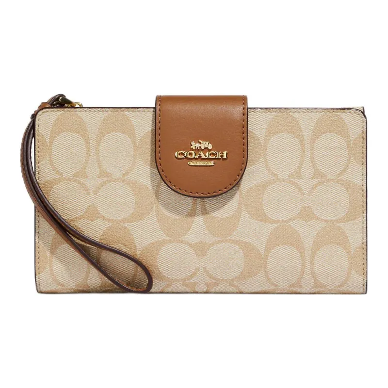 COACH Tech Wallet Coated Canvas With Smooth Leather Clutches Card Holder Wallet Small Size Women's Khaki & Saddle-0