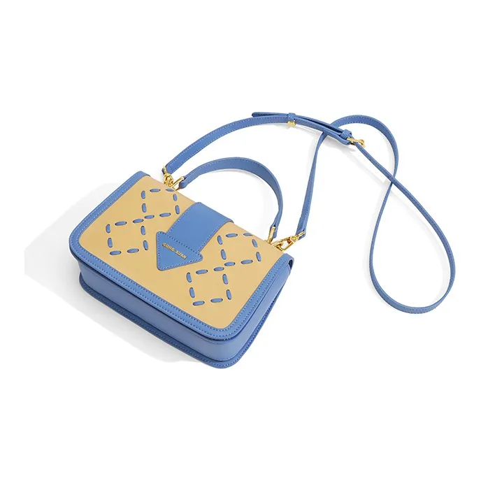 Gong Xuan Cow Leather Crossbody Handbag Regular Women's Yellow Blue Color Block-4