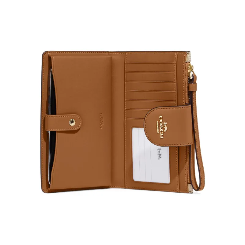 COACH Tech Wallet Coated Canvas With Smooth Leather Clutches Card Holder Wallet Small Size Women's Khaki & Saddle-2