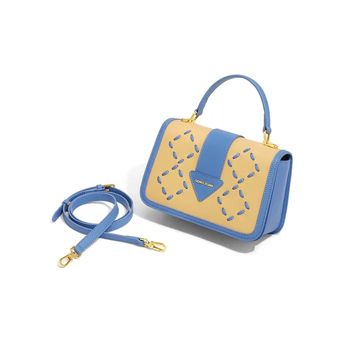 Gong Xuan Cow Leather Crossbody Handbag Regular Women's Yellow Blue Color Block-3