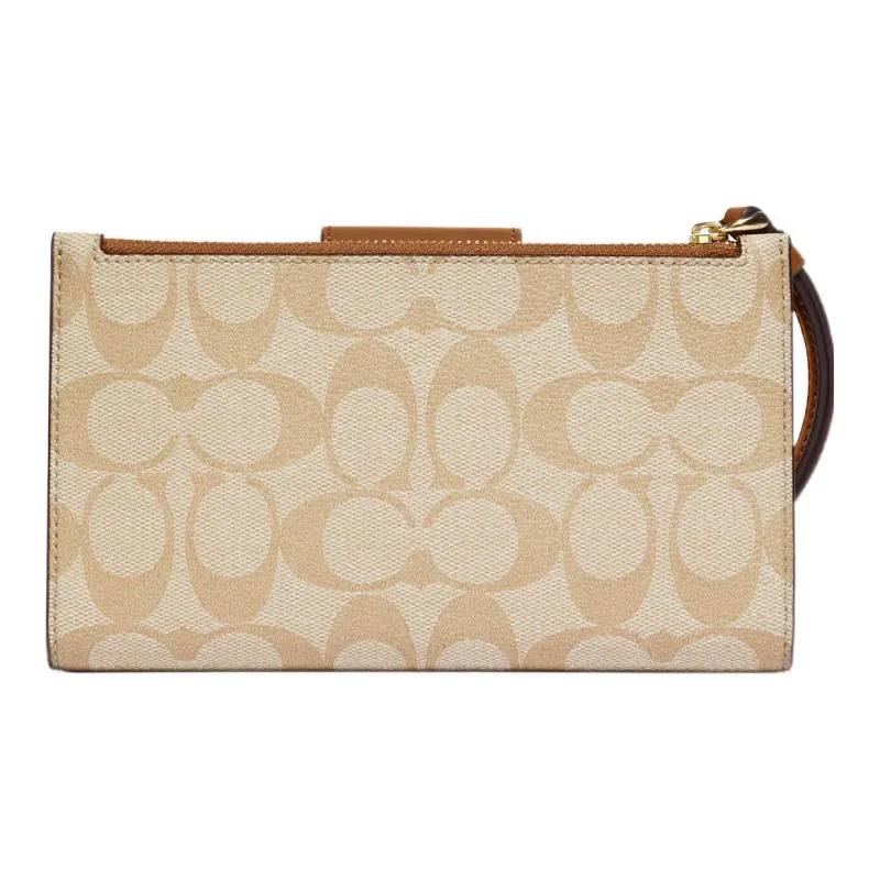 COACH Tech Wallet Coated Canvas With Smooth Leather Clutches Card Holder Wallet Small Size Women's Khaki & Saddle-1