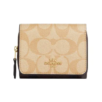 COACH Trifold Wallet Coated Canvas With Smooth Leather Detail Card Holder Wallet Small Size Women's Light Khaki & Brown