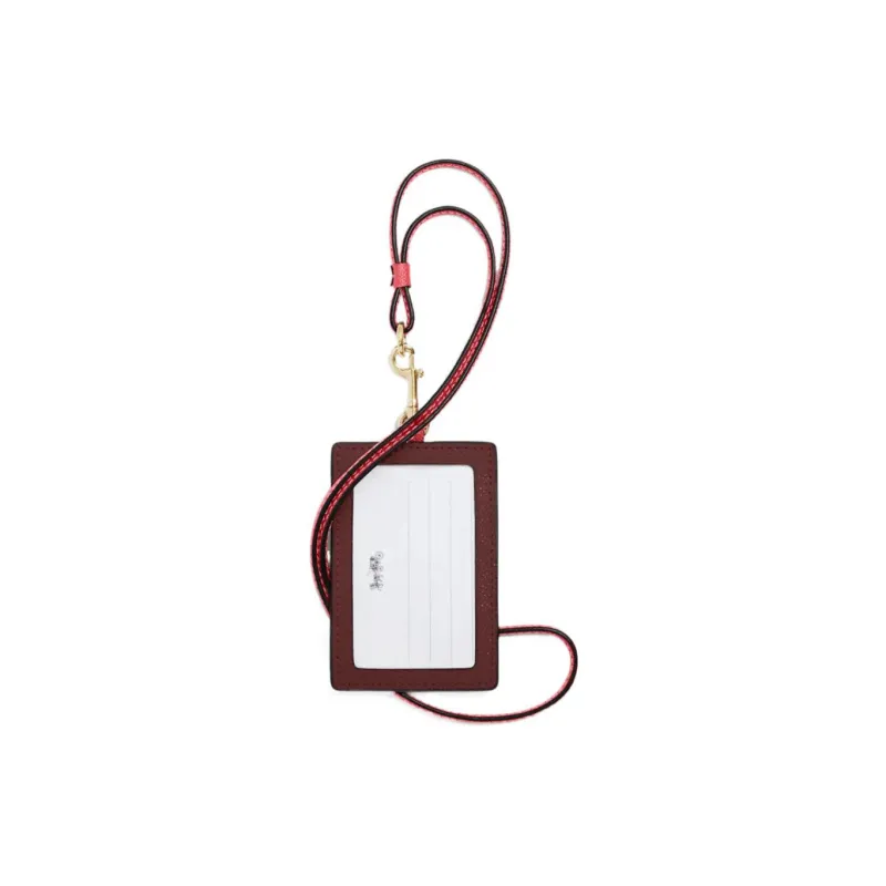 COACH Lanyard Cross-Stitch Leather Document Wallet Card Holders Mini Women's Watermelon Red Wine Red-1