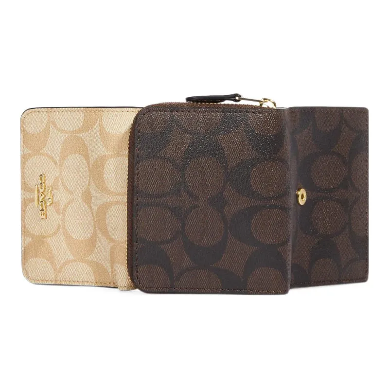 COACH Trifold Wallet Coated Canvas With Smooth Leather Detail Card Holder Wallet Small Size Women's Light Khaki & Brown-1