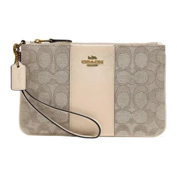 COACH Boxed Jacquard With Luxury Style Calfskin Card Holder Clutch Wrist Bag Small Size Women's Brown