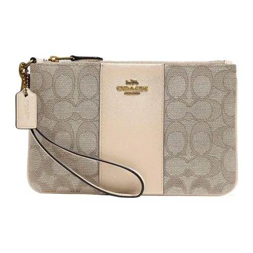 COACH Boxed Jacquard With Luxury Style Calfskin Card Holder Clutch Wrist Bag Small Size Women's Brown