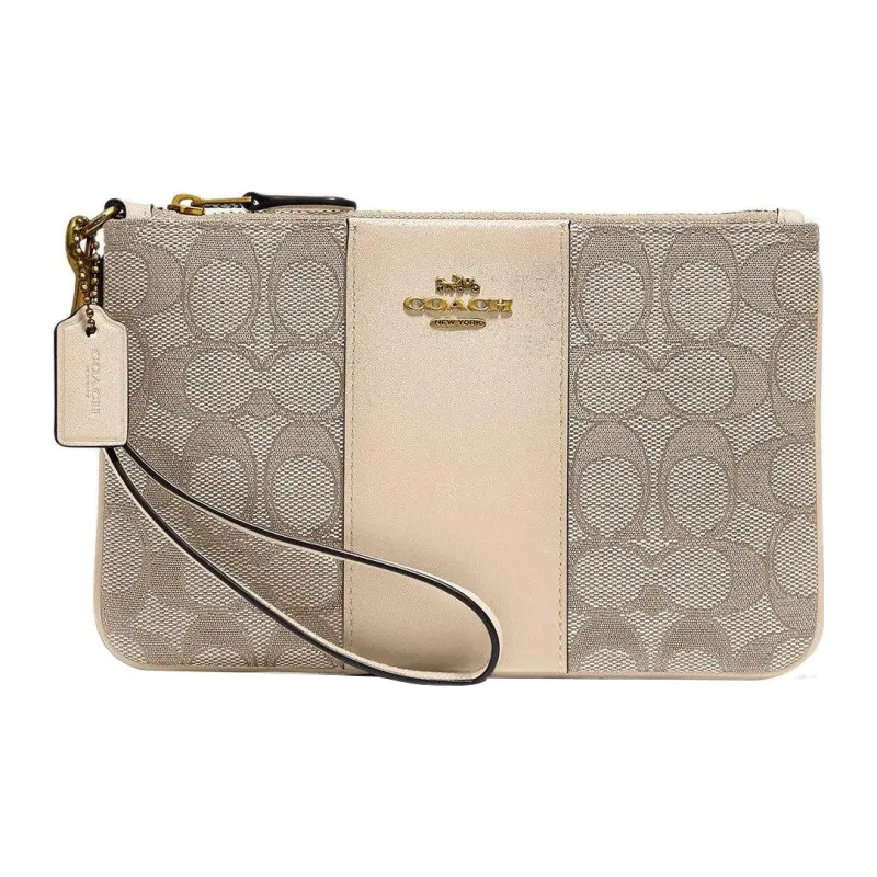 COACH Boxed Jacquard With Luxury Style Calfskin Card Holder Clutch Wrist Bag Small Size Women's Brown-0