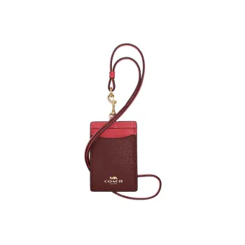 COACH Lanyard Cross-Stitch Leather Document Wallet Card Holders Mini Women's Watermelon Red Wine Red