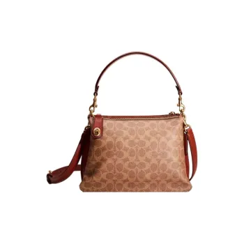 COACH Signature Coated Canvas With Exquisite Calfskin Portable Crossbody Bag Shoulder Bag Large Size Women's Tan