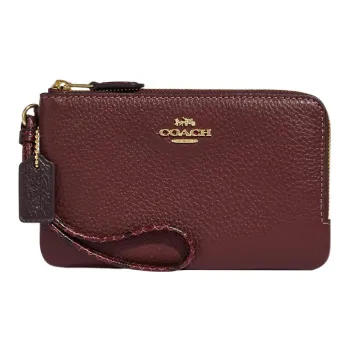 COACH Corner Zip Snakeskin Print Embossed Refined Pebbled Leather Clutch Wallet Wrist Bag Small Size Women's Burgundy