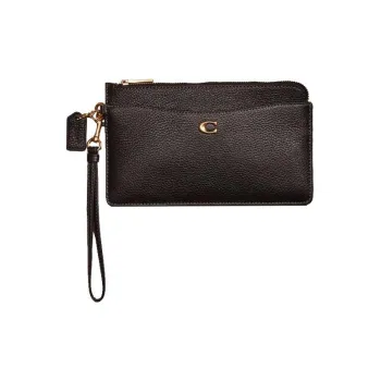 COACH Wristlet Glossy Pebbled Leather Wrist Bags Clutches Small Size Women's Black