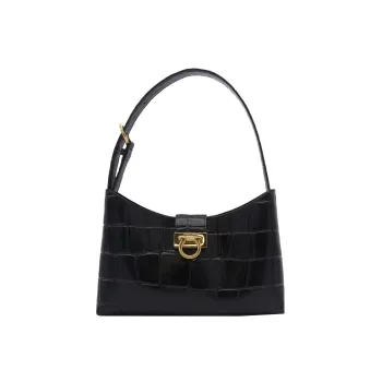 FERRAGAMO Trifolio Crocodile-Embossed Calfskin Handbag Shoulder Bag Women's Black