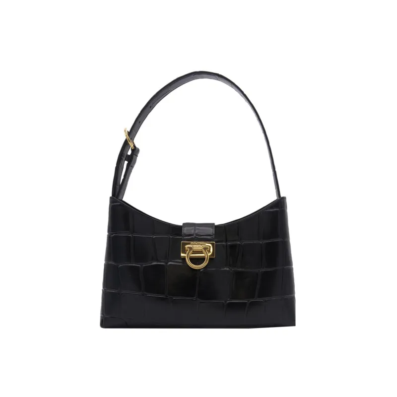 FERRAGAMO Trifolio Crocodile-Embossed Calfskin Handbag Shoulder Bag Women's Black-0