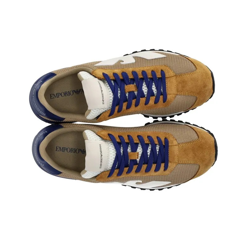 EMPORIO ARMANI Cushioning, Slip Resistant, Abrasion Resistant, Breathable Low Top Casual Shoes Men's Brown Blue White-4