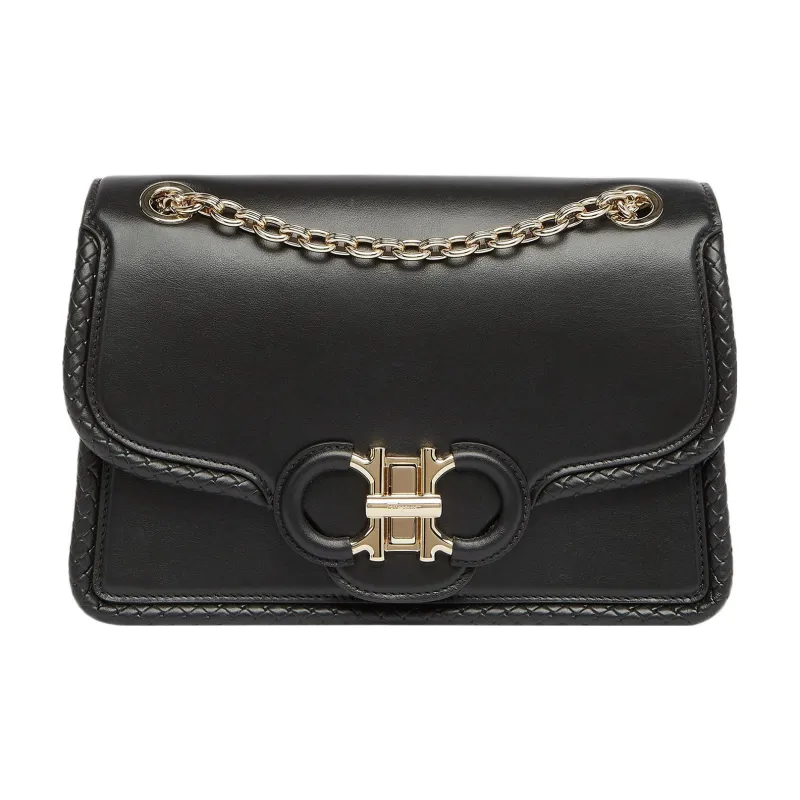 FERRAGAMO GANCINI Cow Leather Flap Bag, Shoulder Bag, Crossbody Bag Regular Women's Black-0