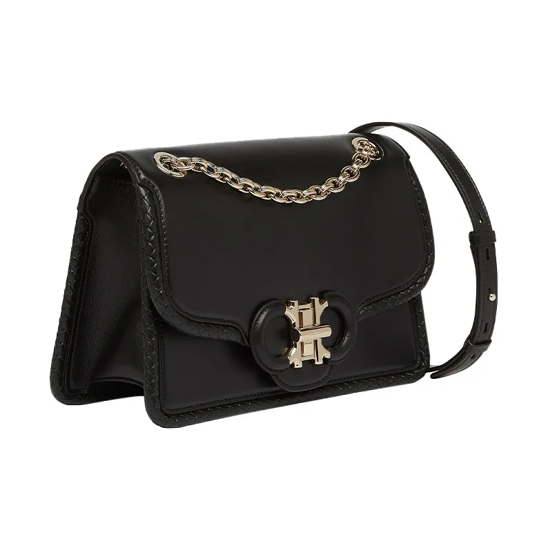 FERRAGAMO GANCINI Cow Leather Flap Bag, Shoulder Bag, Crossbody Bag Regular Women's Black-1