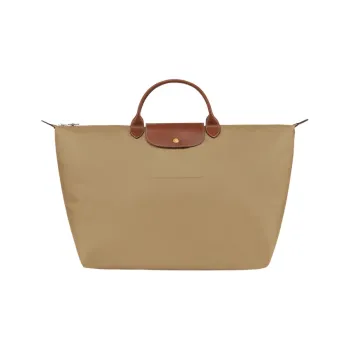 LONGCHAMP Le Pliage Large Cow Leather Trim Portable One Shoulder Travel Bag Large Size Women's Beige