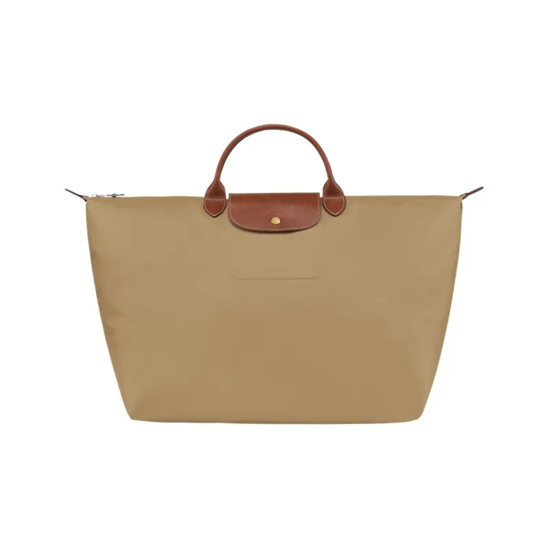 LONGCHAMP Le Pliage Large Cow Leather Trim Portable One Shoulder Travel Bag Large Size Women's Beige-0