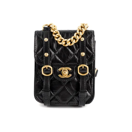 CHANEL Calfskin Messenger Bag With Cell Phone Pouch One Shoulder Handbag Crossbody Bag Mini Women's Black