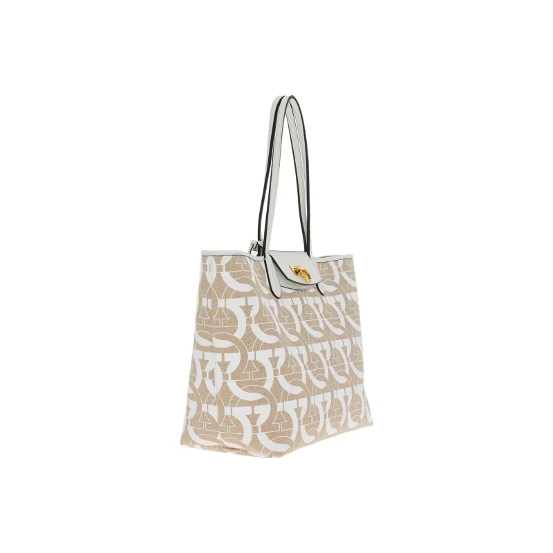 FERRAGAMO GANCINI Fabric Cow Leather Patchwork Tote Bag Shopping Bag Shoulder Bag Handbag Women's White-3