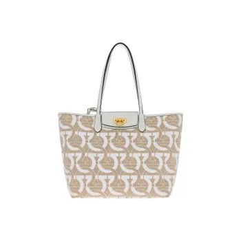 FERRAGAMO GANCINI Fabric Cow Leather Patchwork Tote Bag Shopping Bag Shoulder Bag Handbag Women's White