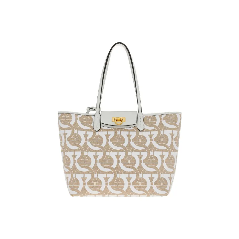 FERRAGAMO GANCINI Fabric Cow Leather Patchwork Tote Bag Shopping Bag Shoulder Bag Handbag Women's White-0