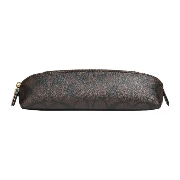 COACH Pencil Case Iconic Coated Canvas With Smooth Leather Makeup Brush Bag Makeup Bag Trumpets Women's Dark Brown