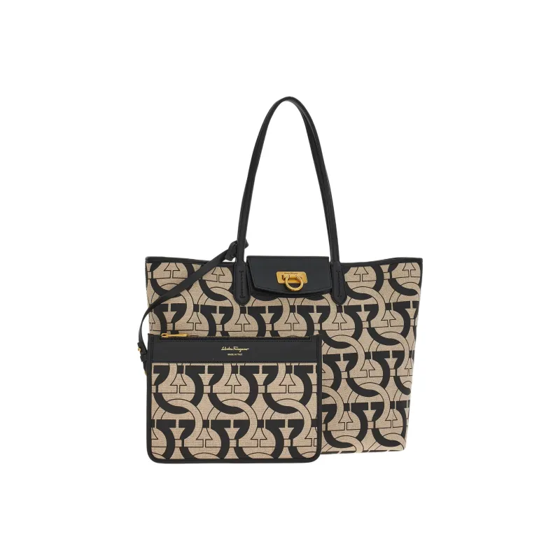 FERRAGAMO Fabric With Cow Leather Tote Bag, Shopping Bag, Shoulder Bag, Handbag Women's Black-3