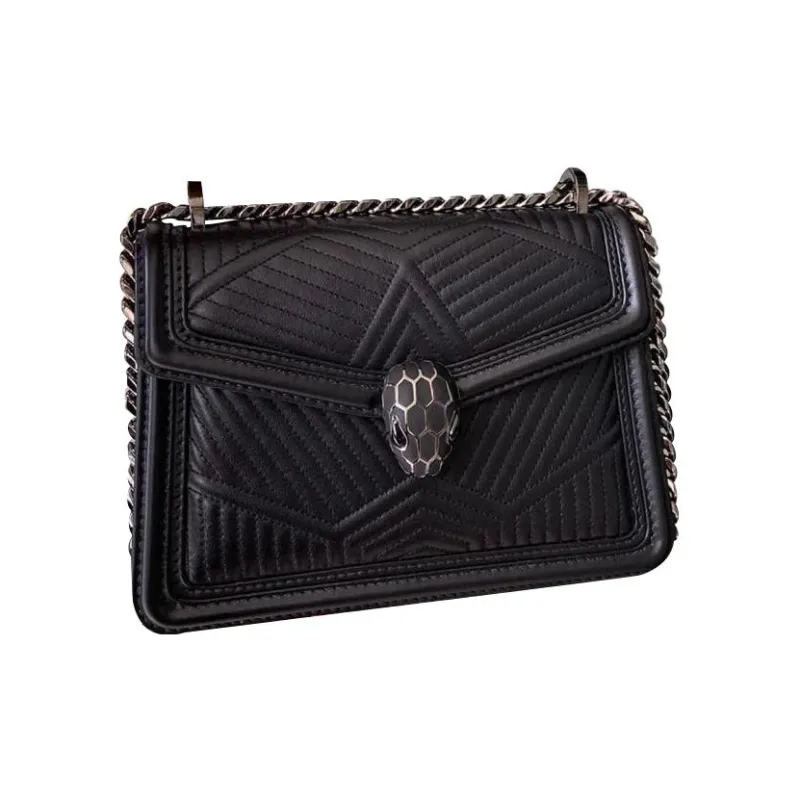 BVLGARI Serpenti Diamond Blast Lambskin Shoulder Bag Crossbody Bag Small Size Women's Black-0