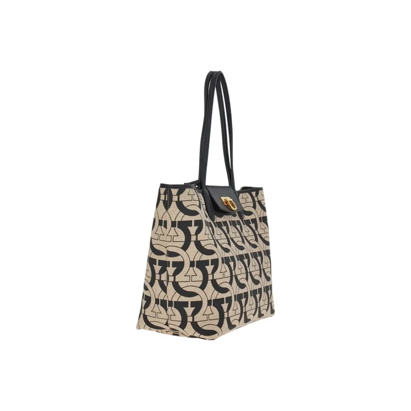 FERRAGAMO Fabric With Cow Leather Tote Bag, Shopping Bag, Shoulder Bag, Handbag Women's Black-1