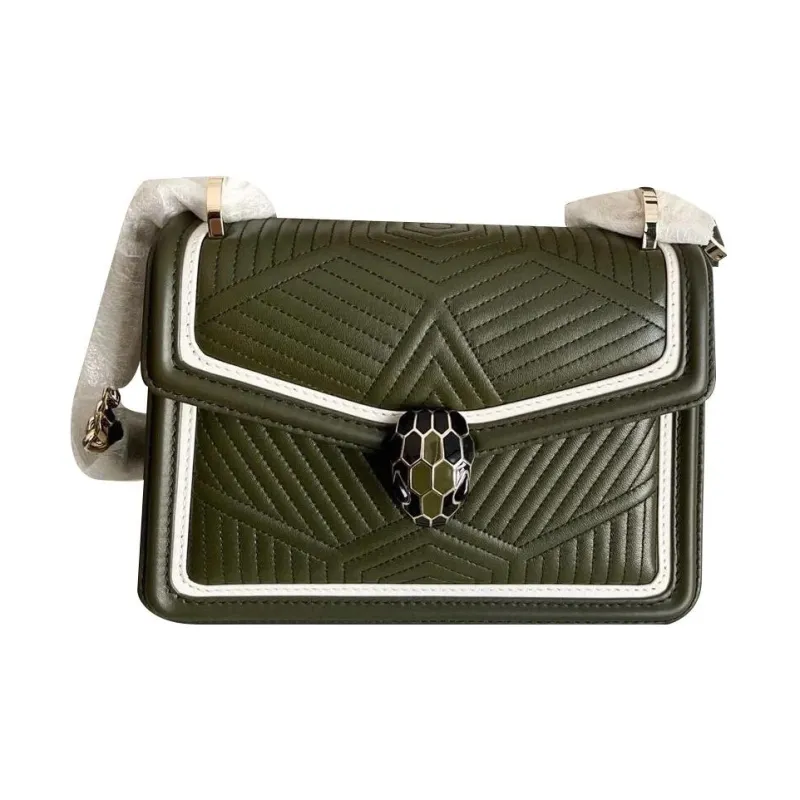 BVLGARI Serpenti Diamond Blast Leather Shoulder Bag Women's Green-0