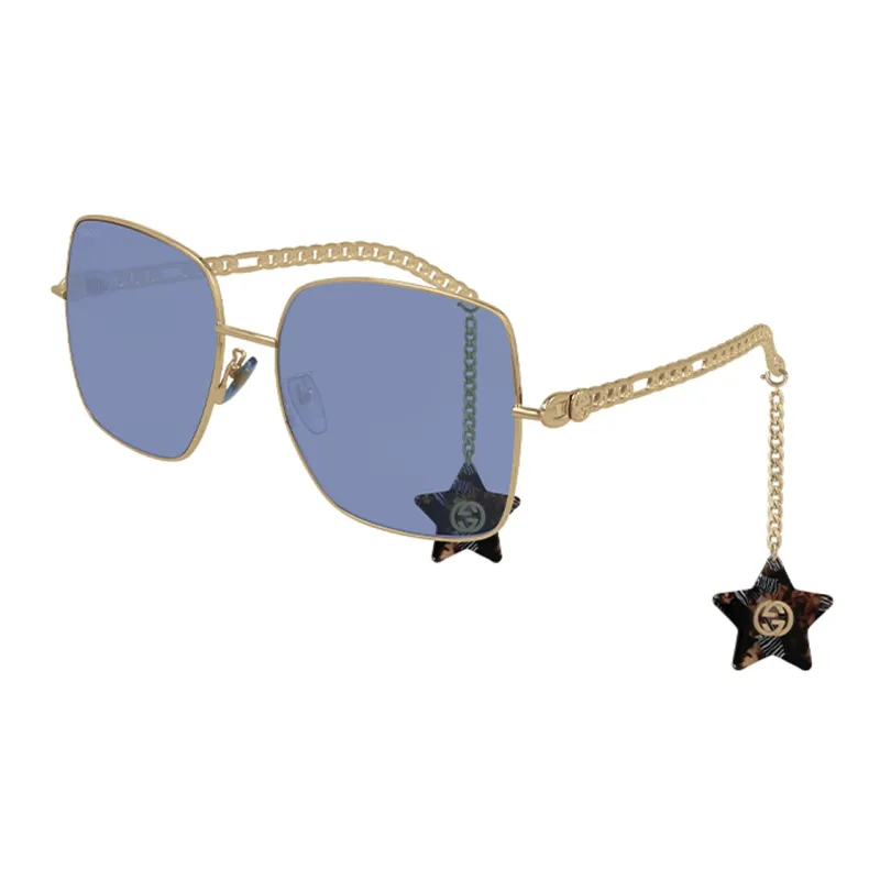 GUCCI Mini Chain Collection Sunglasses Women's Gold Frame With Blue Lens-0