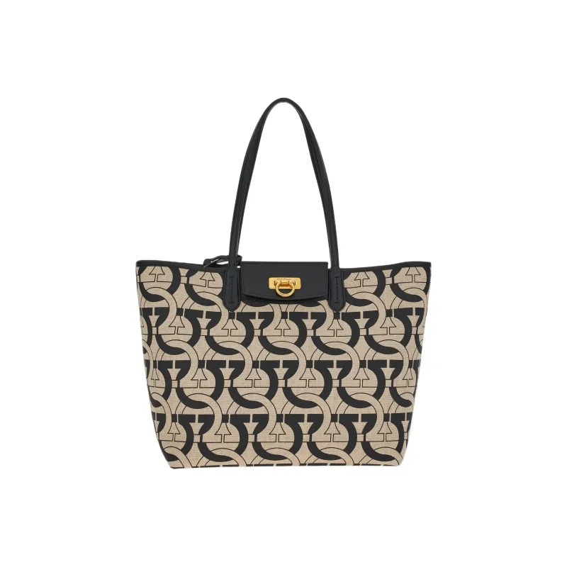 FERRAGAMO Fabric With Cow Leather Tote Bag, Shopping Bag, Shoulder Bag, Handbag Women's Black-0
