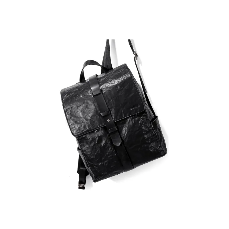 Ace Paul Top Grain Imported Vegetable Tanned Leather Handcrafted Pleated Backpack Medium Size Men's Black-2