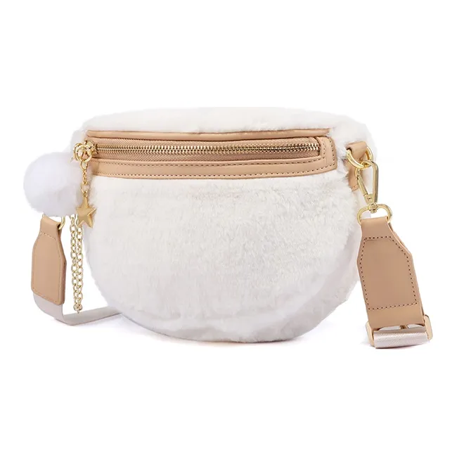 Sound For Life Plush Fuzzy Bag, Shoulder Bag, Crossbody Bag Medium Size Women's Khaki/Ecru-5