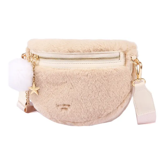 Sound For Life Plush Fuzzy Bag, Shoulder Bag, Crossbody Bag Medium Size Women's Khaki/Ecru-1
