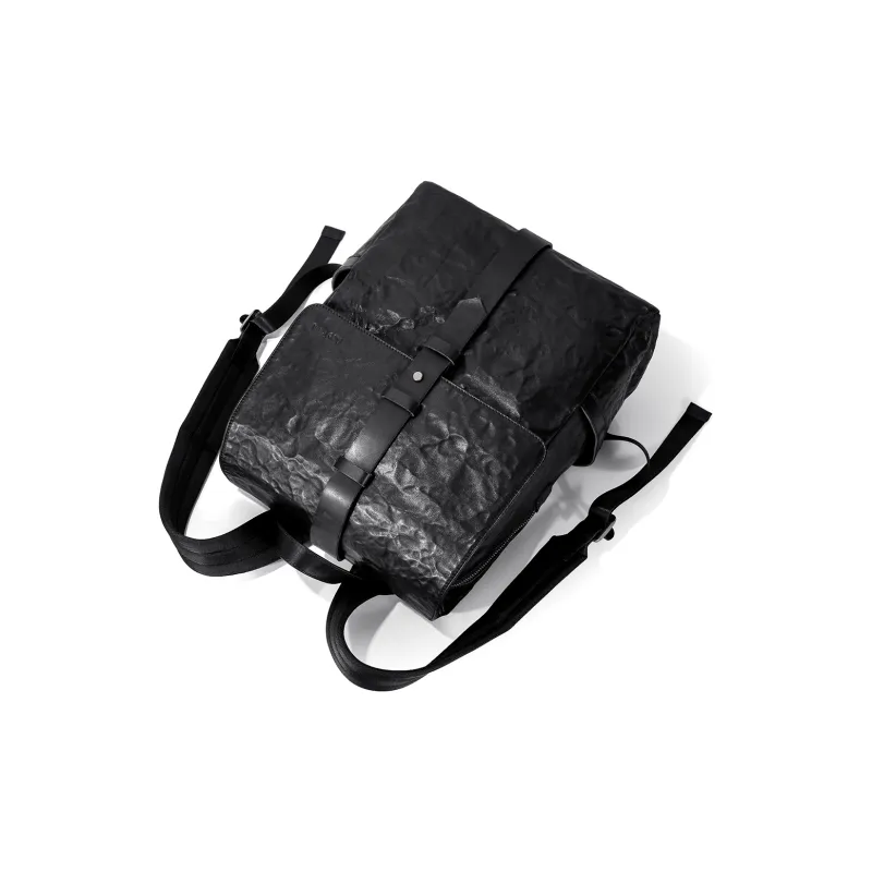 Ace Paul Top Grain Imported Vegetable Tanned Leather Handcrafted Pleated Backpack Medium Size Men's Black-3