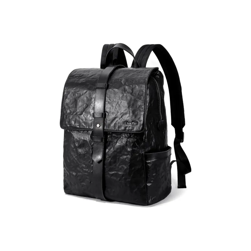 Ace Paul Top Grain Imported Vegetable Tanned Leather Handcrafted Pleated Backpack Medium Size Men's Black-1