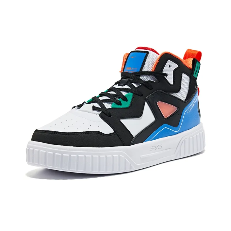 Erke High Top Skateboard Shoes Men's Jet Black Colorful Blue-2