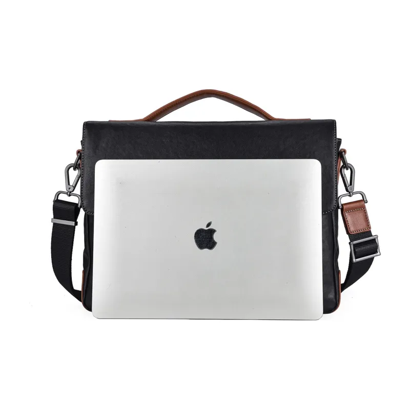 Hush Puppies Vegetable Tanned Top Grain Cow Leather Messenger Bag, One Shoulder Handbag Large Size Men's Black-4