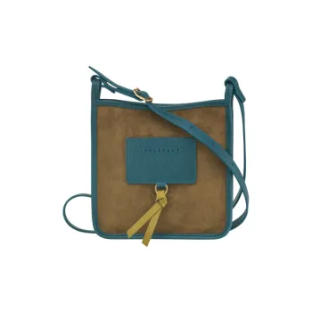 LONGCHAMP Le Foulonné Velvet With Calfskin Shoulder Bag Crossbody Bag Small Size Women's Blue & Khaki