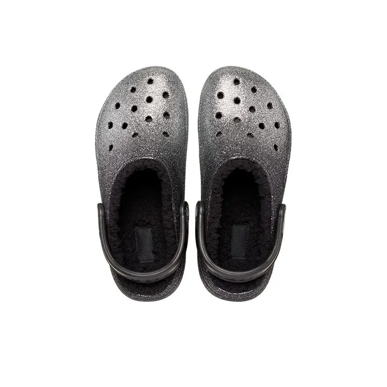 Crocs Classic Glitter Lined Clogs 'Black Silver'-3